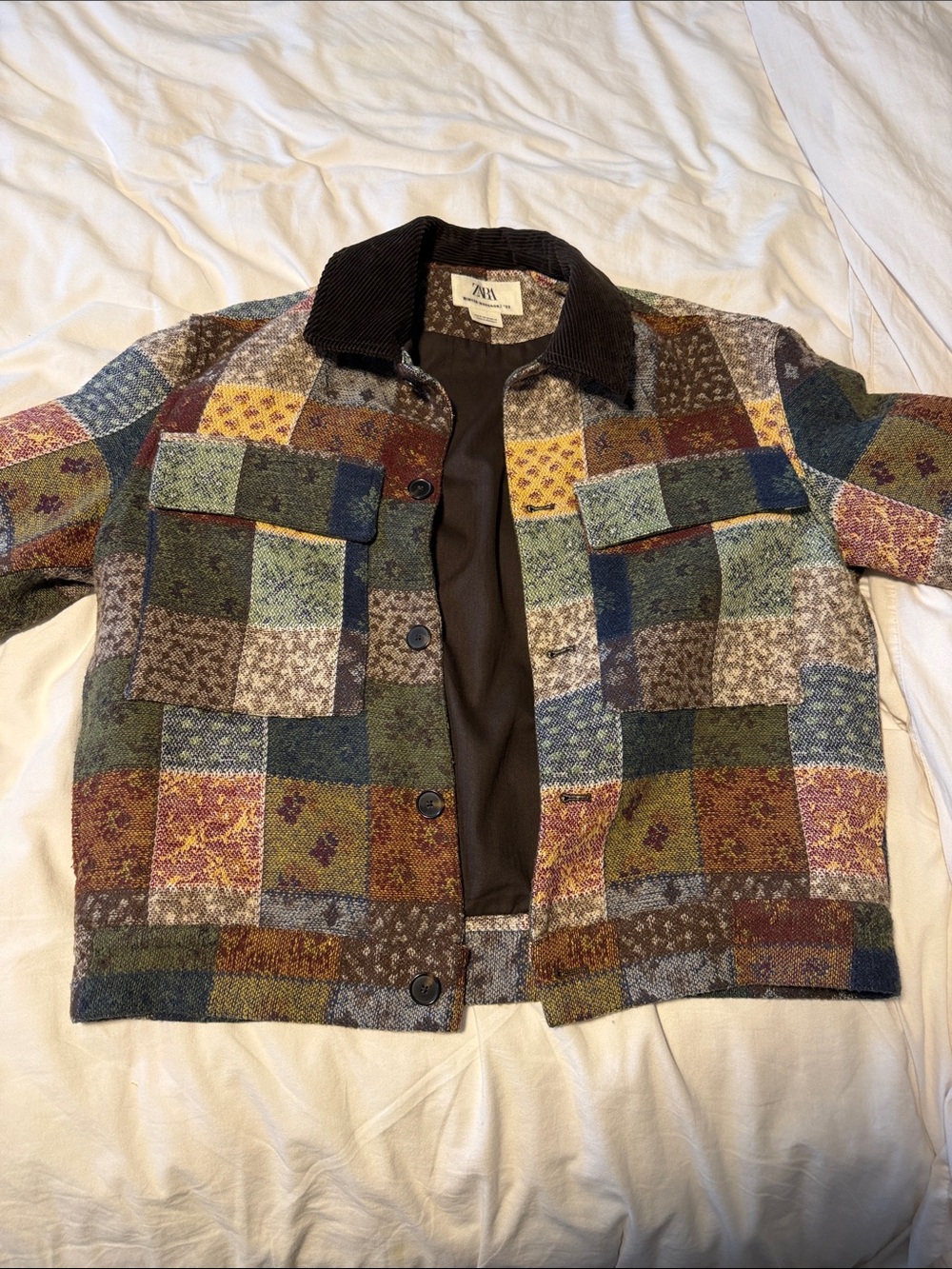 ZARA Multicolor Patchwork Utility Jacket with Dark Corduroy Collar
